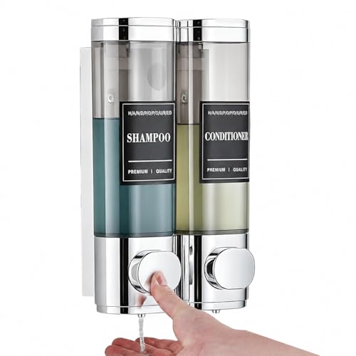 Wall-Mounted Shampoo and Conditioner Dispenser 2 Chamber No Drill,Chrome | Shower Soap Dispenser for Bathroom Hotel Large Capacity,each 300ml with two waterproof labels - color: 2chrome
