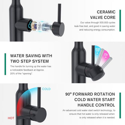 CREA Black Kitchen Faucet, Pull Down Kitchen Faucets with Sprayer 3 Modes, Uitility Laundry Faucets Single Hole Bar Sink Faucet 360° Swivel High Arc Stainless Steel RV Faucet, Matte Black - color: Black, style: standard