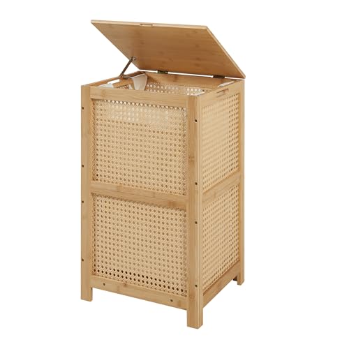 TIOPGHAD Bamboo Wicker Laundry Hamper with Lid, 13 Gal, Natural | Woven wicker, bamboo frame, removable cloth bag, wooden handles, lidded rectangular design, 13.8 x 12.6 x 23.6 in