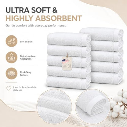 Ameri-Homes Cotton Washcloths Pack of 10, 100% Ring Spun Cotton Face Towels | Highly Absorbent 100% Ring Spun Cotton, 488 GSM Quick-Dry, 12.5 x 12.5 In, White Wash Cloths for Bath Gym Spa - color: White
