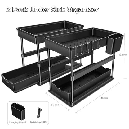 JPart Under Sink Organizer, Kitchen Organizers and Storage, 2-Tier Bathroom Cabinet Organizer with Sliding Drawers, Thickened Construction with Hooks Hanging Cup for Kitchen & Bathroom, 2 Pack