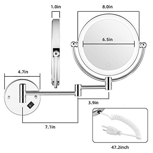 8" Wall Mounted Lighted Makeup Mirror, Double-Sided 1X/5X Magnifying Vanity Mirror with 3 Color LED Lights, Stepless Dimming Touch Control, 360° Swivel & Extendable Arm, Plug-in Powered, Chrome