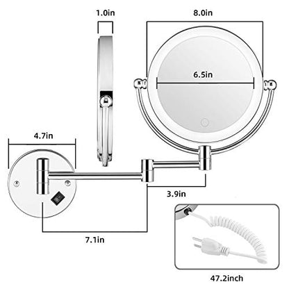 8" Wall Mounted Lighted Makeup Mirror, Double-Sided 1X/5X Magnifying Vanity Mirror with 3 Color LED Lights, Stepless Dimming Touch Control, 360° Swivel & Extendable Arm, Plug-in Powered, Chrome