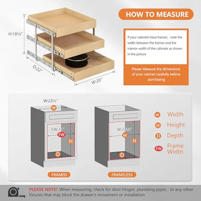 WelFurGeer 3-Tier Pull Out Cabinet Organizer with Soft Close, Heavy-Duty Slide Out Drawers for Cabinets, Pull Out Drawers for Cabinets, Bottom Mount Shelves for Kitchen, Pantry, Bathroom - size: 20''W x22''D