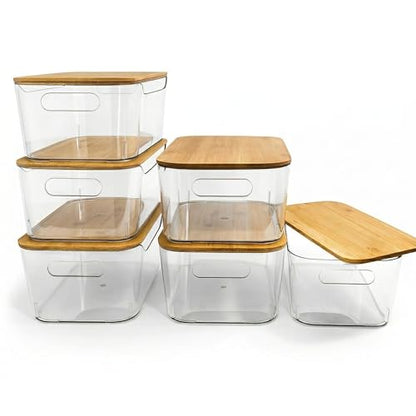 CiWiVOKi 6 Pack Clear Stackable Storage Bins with Bamboo Lids, 3.7L BPA-Free Plastic Organizer Containers with Handles, for Pantry, Kitchen, Fridge, Bathroom, Cabinet & Closet Organization - size: 6 Pack Storage Bins with Lids
