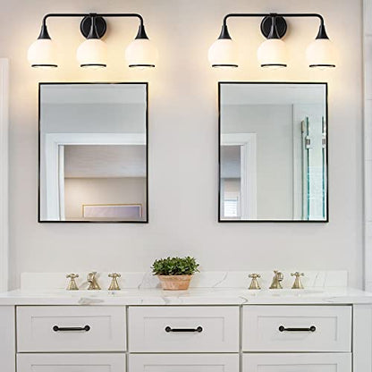 Black Bathroom Light Fixtures 3-Lights Vanity Lights with Milky White Frosted Glass Shade Bathroom Vanity Light 22.4 inch Wall Sconce Lighting Bath(Exclude E26 Bulb) - color: Black, size: 3 Light
