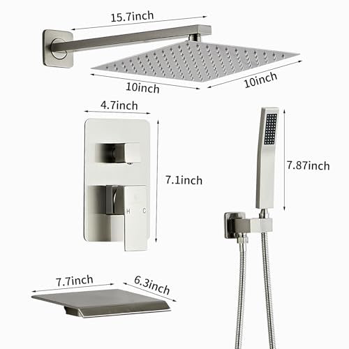 Brushed Nickel Rainfall Shower Faucet Set with Tub Spout 10 Inch | Shower Head and Handle with 2 Hooks, Rain Shower and Handheld Shower System Square Wall Mount for Bathroom - color: Brushed Nickel, style: 10 Inch