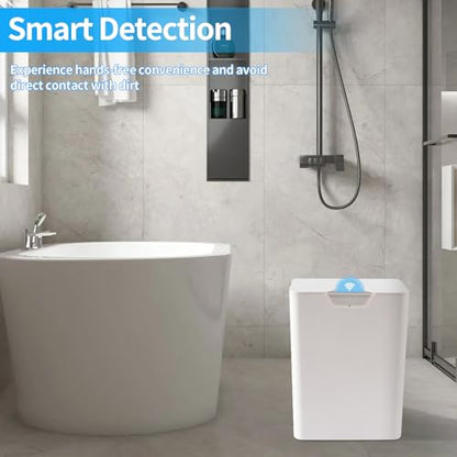 YOGOODS 4 Gal Bathroom Trash Can with Lid, Automatic Trash Can Small Smart Garbage Can Touchless, Slim Motion Sensor Waterproof Plastic Trash Bins for Bedroom Office Kitchen Toilet(White)