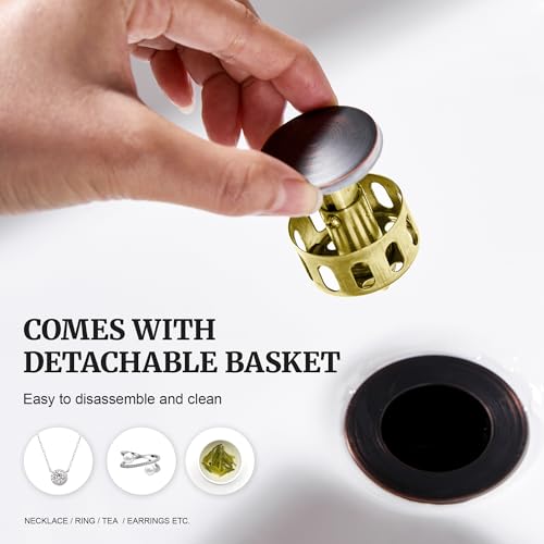 Pop up Sink Drain Stopper for Bathroom Vessel Vanity Sink Art Basin Oil Rubbed Bronze, Small Cap with Overflow, Metal Pop-up Drain Strainer with Detachable Basket Stopper | Pop Up Drain, Made of Metal, Small Cap, with Detachable Basket Stopper, Drain Fast