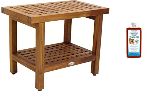 AquaTeak Grate 24" Teak Shower Bench with Shelf & Premium Teak Oil | Durable, Water-Resistant Teak, Shower Chair & Shaving Foot Rest, Indoor/Outdoor Use