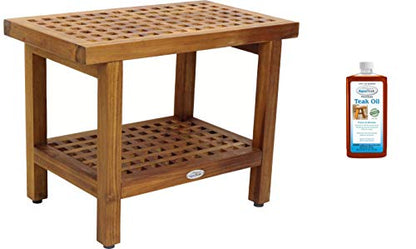 AquaTeak Grate 24" Teak Shower Bench with Shelf & Premium Teak Oil | Durable, Water-Resistant Teak, Shower Chair & Shaving Foot Rest, Indoor/Outdoor Use