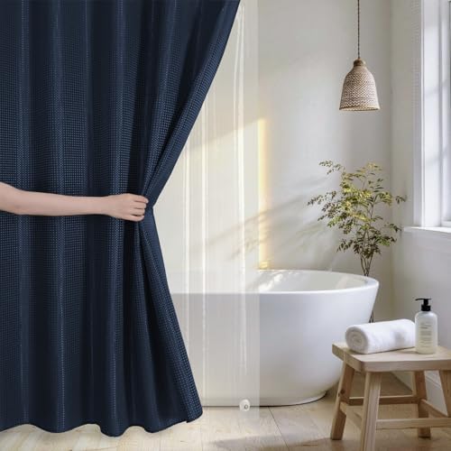 QiyI 3 in 1 Waffle Shower Curtain Set with Liner, Navy Blue, 72 x 72 | Shower Curtain and Liner Set with Hooks, Waterproof Bathroom Curtain with PEVA Liner & 12 Double Sided Clear Plastic Rings - color: Navy Blue, size: 72"W x 72"L (Pack of 1)
