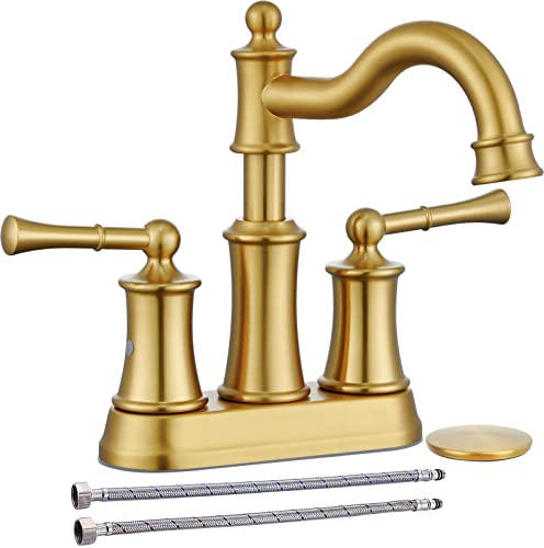 Roman Bathroom Sink Faucet Deck Mount or Wall Mount Installation Pop-up Drain Assembly with Overflow Deck Plate and Water Supply Lines Included (2 Hole Deck Mount, Brushed Gold) - color: Brushed Gold, style: 2 Hole Deck Mount