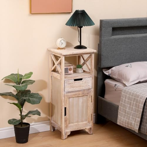 30Inch Fully Assembled Solid Wood Nightstand with Drawer, Distressed White | Solid Wood; Fully Assembled; 30-Inch Tall; Drawer Storage; X-Style Open Shelf; Slim Farmhouse Bathroom Cabinet & End Table - color: Distressed White
