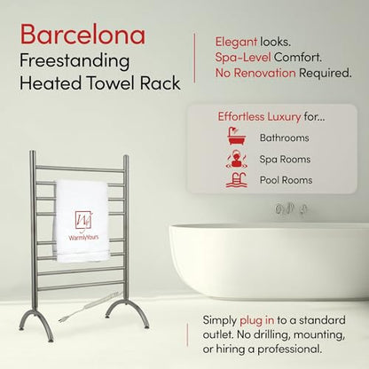 WarmlyYours Barcelona Heated Towel Rack, 8 Bars, Brushed Steel | Freestanding plug-in electric towel warmer, 150W, overheat protection, warms 2 large towels or bathrobes at once