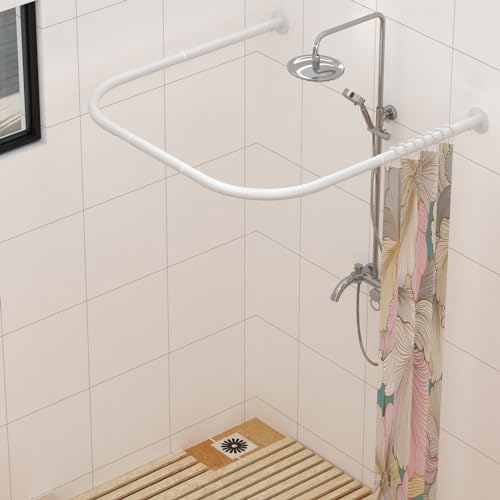 U Shower Curtain Rod Adjustable Stainless Steel U Shaped Rack Drill Free Install for Bathroom, Bathtub, Clothing Store (U Shaped White, Length on both sides:31.5"-47",Middle width:34.7"-43")
