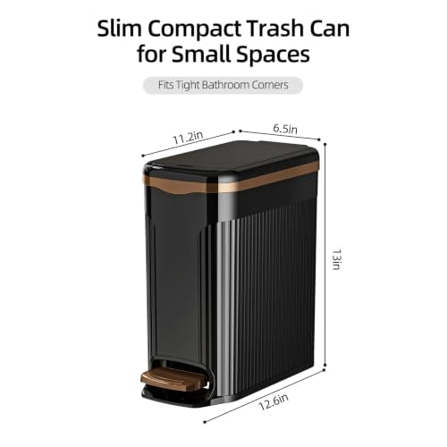 Slim Bathroom Trash Can with Lid, 10L Soft Close Step Pedal Black | Dual Open Step Pedal & Hand Press, 6.49" Ultra Narrow, Hidden Bag Holder, Odor Seal Waste Basket for Kitchen Office Bedroom