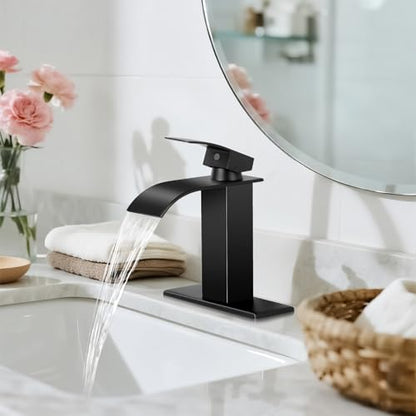 Matte Black Bathroom Faucets, Waterfall Bathroom Sink Faucet | Single Handle, Stainless Steel, Vanity Faucet with Deck Plate, Pop-up Drain, For 1 or 3 Hole, RV, Farmhouse - color: A-Black