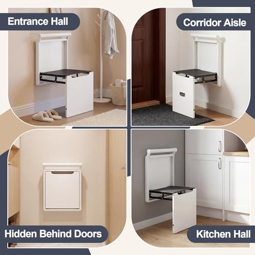 Geelin Foldable Wall Mounted Chair with Armrest, Heavy Duty Aluminum Alloy 500lb Capacity Shower Seat for Elderly and Pregnant Woman, Space Saving Shoe Changing Stool for Entryway, White