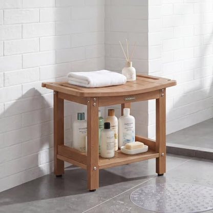 Shower Bench Seat for Shaving Legs HDPS Bath Chair Stool for Inside Shower | Heavy Duty Bathroom Chair Seat with Storage Shelf & Adjustable Feet, Anti-Rotting, Space-Save, No-Maintenance - color: Teak