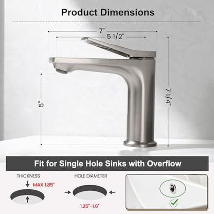 Rbrohant Single Hole Bathroom Faucet, Brushed Nickel Single Handle Bathroom Sink Faucets for 1 Hole, Bathroom Vanity Faucet with Pop up Drain, Deck Mount, R2001-BN - color: Brushed Nickel, style: No Escutcheon