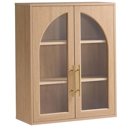 Bathroom Wall Cabinet, 23.5×31.4'' Storage Cabinet, Arched Cabinet Wall Mount with Adjustable Shelf & Glass Doors, Medicine Cabinet for Laundry Room, Bathroom, Kitchen, Living Room,Natural Oak - color: Natural Oak