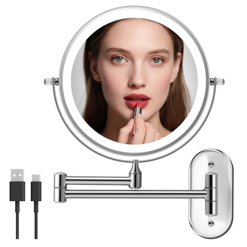 Rechargeable Lighted Wall Mounted Makeup Mirror, 8" Double-Sided Magnifying Mirror with Lights 20X, 3 Color and Switch Dimmable Shaving Mirror, 360 Rotation Foldable Bathroom Mirror, Chrome