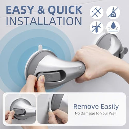 Shower Grab Bar Suction Cup 12 inch, 2 Pack Grab Bars for Bathtubs, Bathroom Safety Grip Shower Handle for Elderly and Seniors, Bath Handrails Removable Waterproof No Drilling Silver