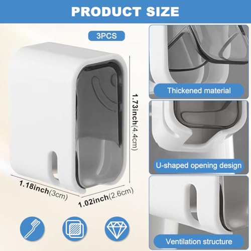 3PCS Toothbrush Holder Wall Mounted with Cover,Single Slot Electric Tooth Brushing Holder,Self Adhesive Hanging Toothbrush Organizer for Bathroom,Family,Travel(4.4 * 3 * 2.6cm,Color:Grey) - color: Grey