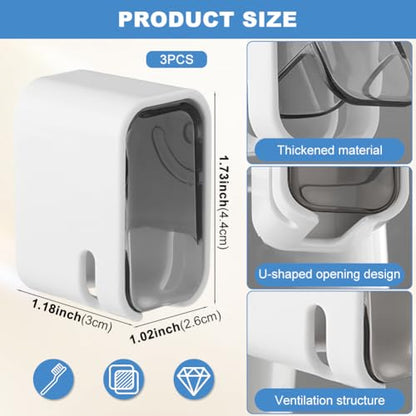 3PCS Toothbrush Holder Wall Mounted with Cover,Single Slot Electric Tooth Brushing Holder,Self Adhesive Hanging Toothbrush Organizer for Bathroom,Family,Travel(4.4 * 3 * 2.6cm,Color:Grey) - color: Grey