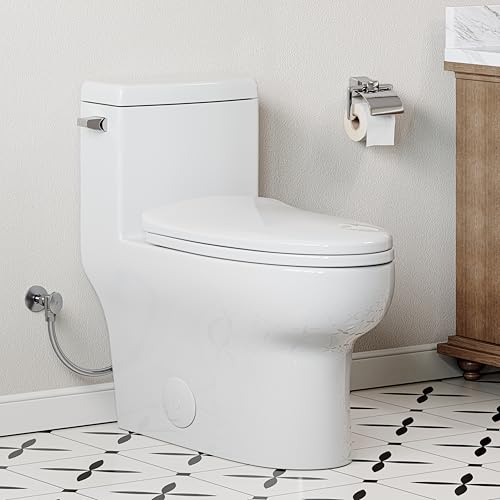 HOROW One-Piece Elongated Toilet, 1.28 GPF High Efficiency, Easy Cleaning Design, Left-Hand Flush Lever, Soft-Close Seat, Compact Modern Bathroom Toilet, 12'' Rough-In, White Ceramic Bowl - color: White with Single Flush, size: 12" rough in