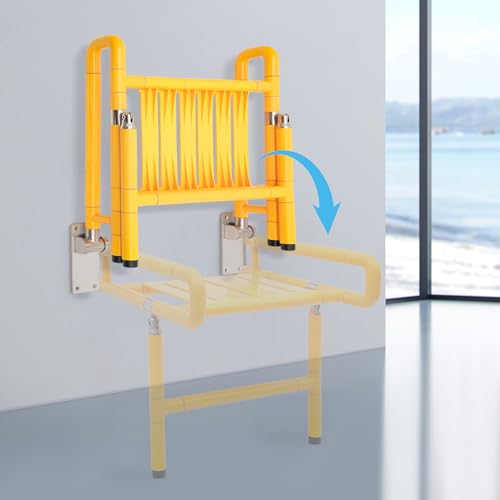 Folding Shower Seat Wall Mounted, Fold Down Shower Chair with Armrests, 440.92 lbs Capacity, Yellow Wall Mounted Bath Seat for Elderly Pregnant Disabled, Stainless Steel Frame, 90° Foldable