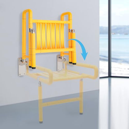 Folding Shower Seat Wall Mounted, Fold Down Shower Chair with Armrests, 440.92 lbs Capacity, Yellow Wall Mounted Bath Seat for Elderly Pregnant Disabled, Stainless Steel Frame, 90° Foldable