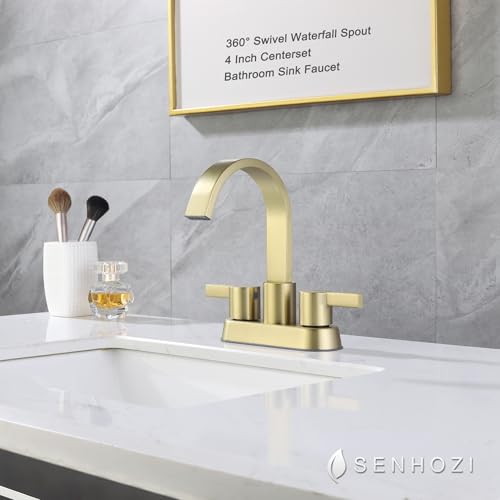 Gold Bathroom Faucet Centerset, 4 Inch Bathroom Sink Faucet 3 Hole | Waterfall Spout, 360 Degree Swivel, with Overflow Pop up Drain, Brushed Gold Bathroom Faucet - color: Brushed Gold