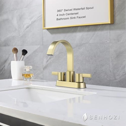 Gold Bathroom Faucet Centerset, 4 Inch Bathroom Sink Faucet 3 Hole | Waterfall Spout, 360 Degree Swivel, with Overflow Pop up Drain, Brushed Gold Bathroom Faucet - color: Brushed Gold