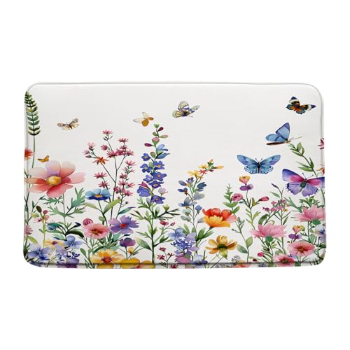 Vintage Floral Bath Mat Colorful Flower Wildflower Butterfly Garden Watercolor Rustic 24"x36" Microfiber Memory Foam Bathroom Kitchen Toilet Floor Decor Mat - size: 2' x 3' (Rectangular)