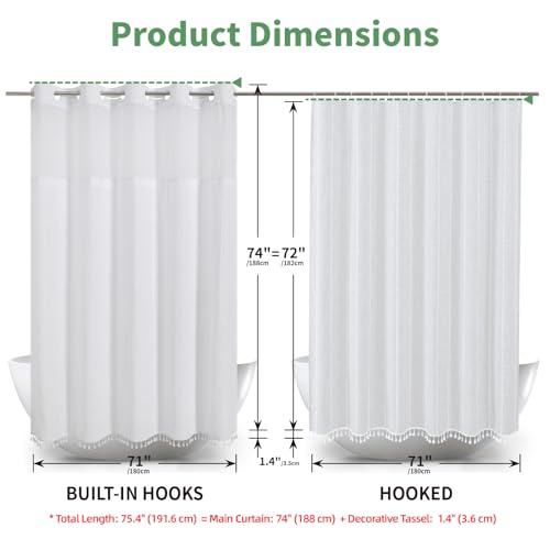 eachope White Farmhouse No Hook Shower Curtain Set with Snap-in Fabric Liner,Boho Heavy-Duty Linen Textured Rustic Striped Design,Water-Repellent with Tassels and Sheer Window,71x74 - color: White, size: 71"W x 74"L (Pack of 1)