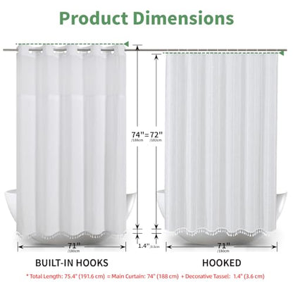 eachope White Farmhouse No Hook Shower Curtain Set with Snap-in Fabric Liner,Boho Heavy-Duty Linen Textured Rustic Striped Design,Water-Repellent with Tassels and Sheer Window,71x74 - color: White, size: 71"W x 74"L (Pack of 1)