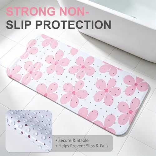 Floral Bathtub Mat Non Slip Flower Bath Mat for Women Kids, Extra Long 40"x16" - color: Pink