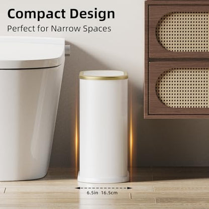 KSSKSS 1.8 Gallons Small White Bathroom Trash Can with Lid, Slim Bathroom Garbage Bin, Dog Proof Trash Can with Pop-Up Lid for Bedroom,Toile, White - color: Matt White