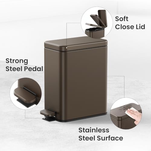 Cesun 2.6 Gallons Small Bathroom Trash Can with Lid Soft Close, Brown | Removable Inner Bucket, Small Stainless Steel Garbage Can for Bedroom/Office, Hands-Free Step Pedal, Fingerprint-Resistant - color: Brown