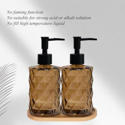 12oz Brown Glass Hand and Dish Soap Dispenser Set, Diamond Design, Set of 2 | Bathroom Soap Dispenser with Plastic Pumps, Bamboo Tray for Hand Wash & Dish Wash, for Bathroom Kitchen Countertop - color: Brown