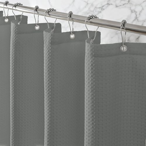 Waterproof Waffle Shower Curtain, 260GSM Heavy Duty Fabric with 12 Stainless Steel Hooks, Luxury Hotel Spa Style for Bathroom, Machine Washable, 72 x 72, Grey - color: Waffle-grey