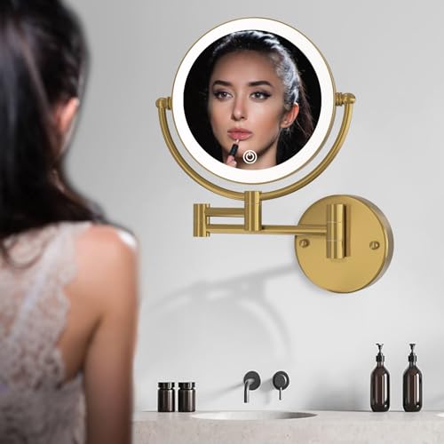 8" Magnifying Makeup Mirror Wall Mounted with Lights, Brushed Moderne Brass | 10X Magnification, Touch Sensor 3 Color LED, Adjustable Brightness, Gold Bathroom Shaving Vanity Swing Arm, Hardwired - color: Brushed Moderne Brass