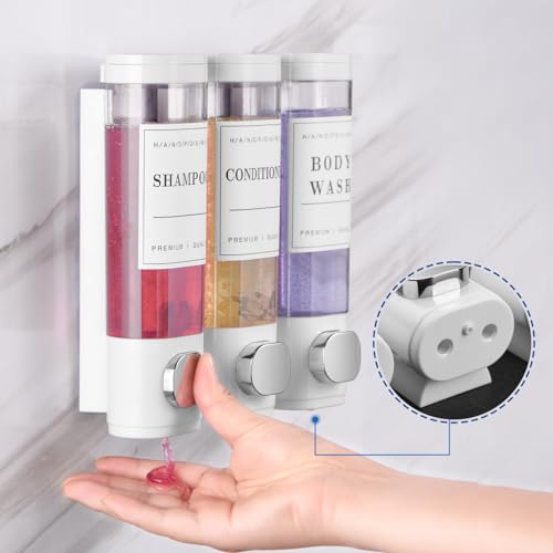 Shower Soap Dispenser Wall Mounted No Drill Shampoo Dispenser for Shower Wall Shampoo and Conditioner Dispenser Bathroom Hotel 3 * 300ml White with Labels - color: White