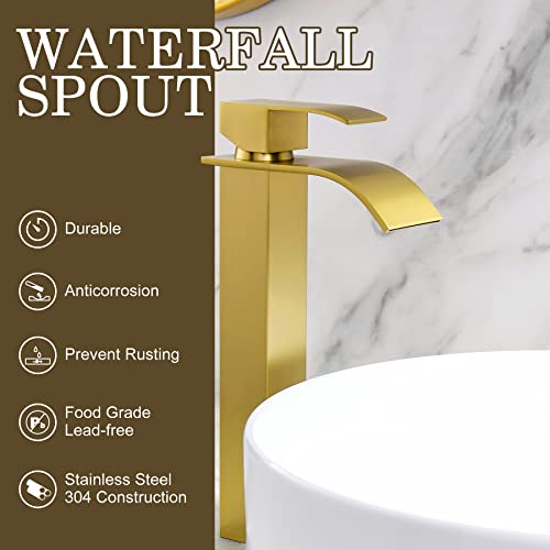 Gold Vessel Sink Faucet, Single Hole Waterfall Tall Bathroom Vanity Faucet | Brushed Gold Vessel Sink Faucet, YardMonet Single Handle Bathroom Faucet with Drain Assembly and Hose, Stainless Steel - size: Tall