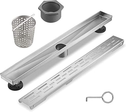 Linear Shower Drain, Brushed Nickel Shower Drain 24 Inch with Removable Grate, SUS-304 Stainless Steel Rectangle Floor Drain with Leveling Feet and Hair Strainer, Bathroom Modern Drain SD-101 - color: Brushed Nickel, size: 24 Inch