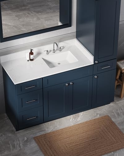 60" Bathroom Vanity with Linen Storage Tower and 4 Drawers, Carrara Quartz Top and Ceramic Sink, Left or Right Tower Option, Solid Wood Frame, 61" x 22" x 72" (Navy Blue, Right Tall Cabinet) - color: Navy Blue