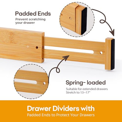Bamboo Drawer Dividers Organizers, Kitchen Drawer Dividers for Clothes, Adjustable Drawers Separators for Dresser, Bedroom, Bathroom, Office, 4 Pack, 13“-17” - size: 13"-17"