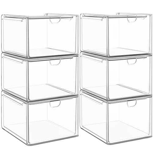 6-Pack Stackable Acrylic Storage Drawers, Small | Smooth-glide drawers, stackable, clear body, dustproof, wipe clean, 6 small, for art tools, makeup, under sink, pantry - style: 6 Small